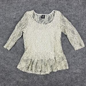 Bobeau Lace Top Womens XL White Black Polka Dot Sheer Peplum 3/4 Sleeve Blouse